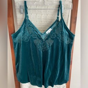 Floral Embroidered Velvet Teal V-Neck Tank